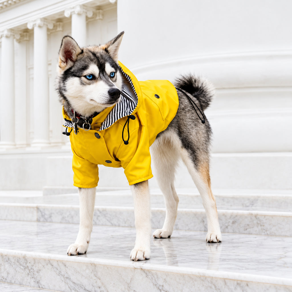 Chien debout sur des marches portant une veste jaune, avec capuche rabattue et doublure rayée. 