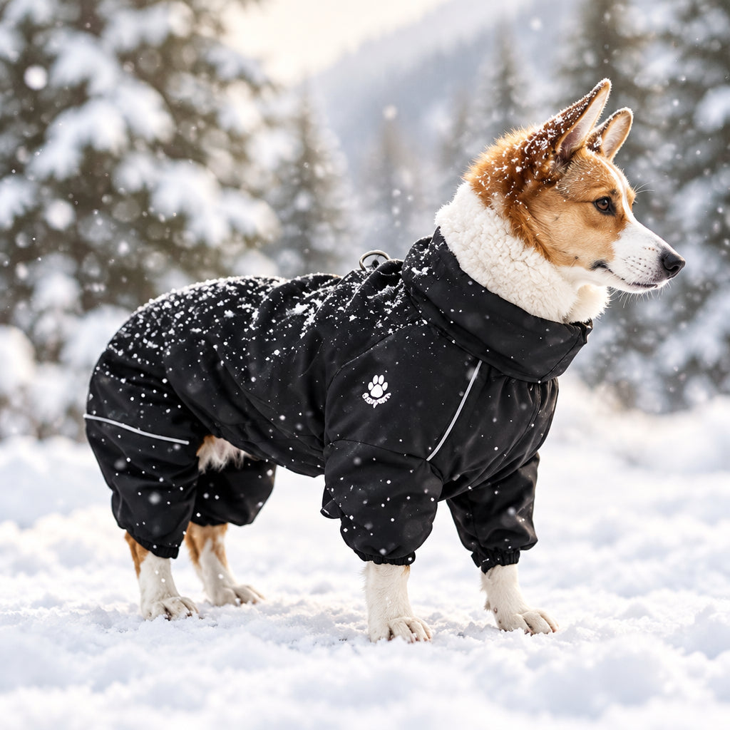 Chien portant une combinaison noire à quatre pattes dans un paysage enneigé. 