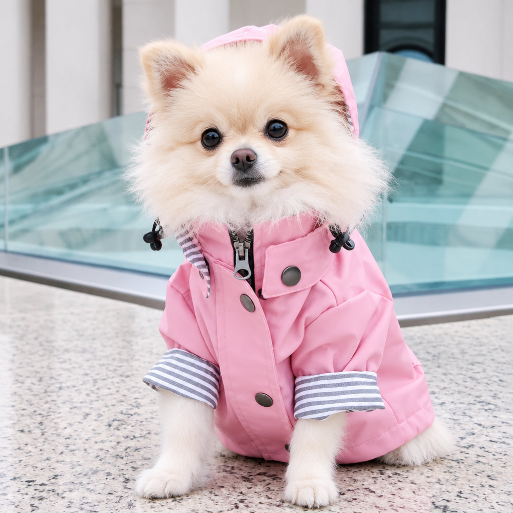 Petit chien portant une veste rose à capuche, avec boutons-pression et revers de manches rayés. 