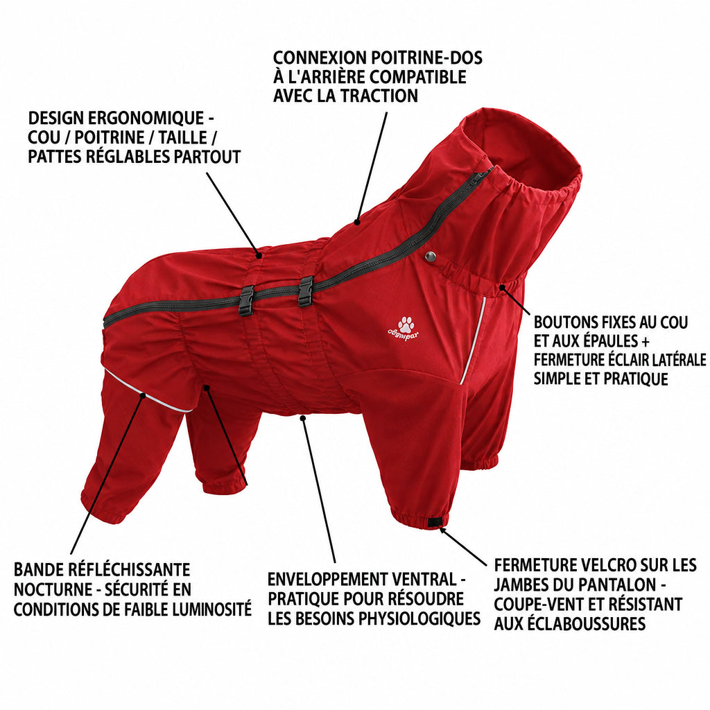 Schéma en français de la combinaison rouge pour chien présentant les réglages, les fermetures et les bandes réfléchissantes.