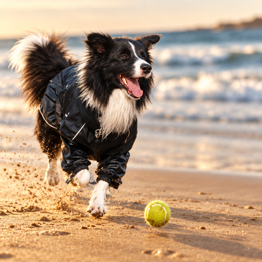 Chien en combinaison noire courant sur une plage vers une balle de tennis. 