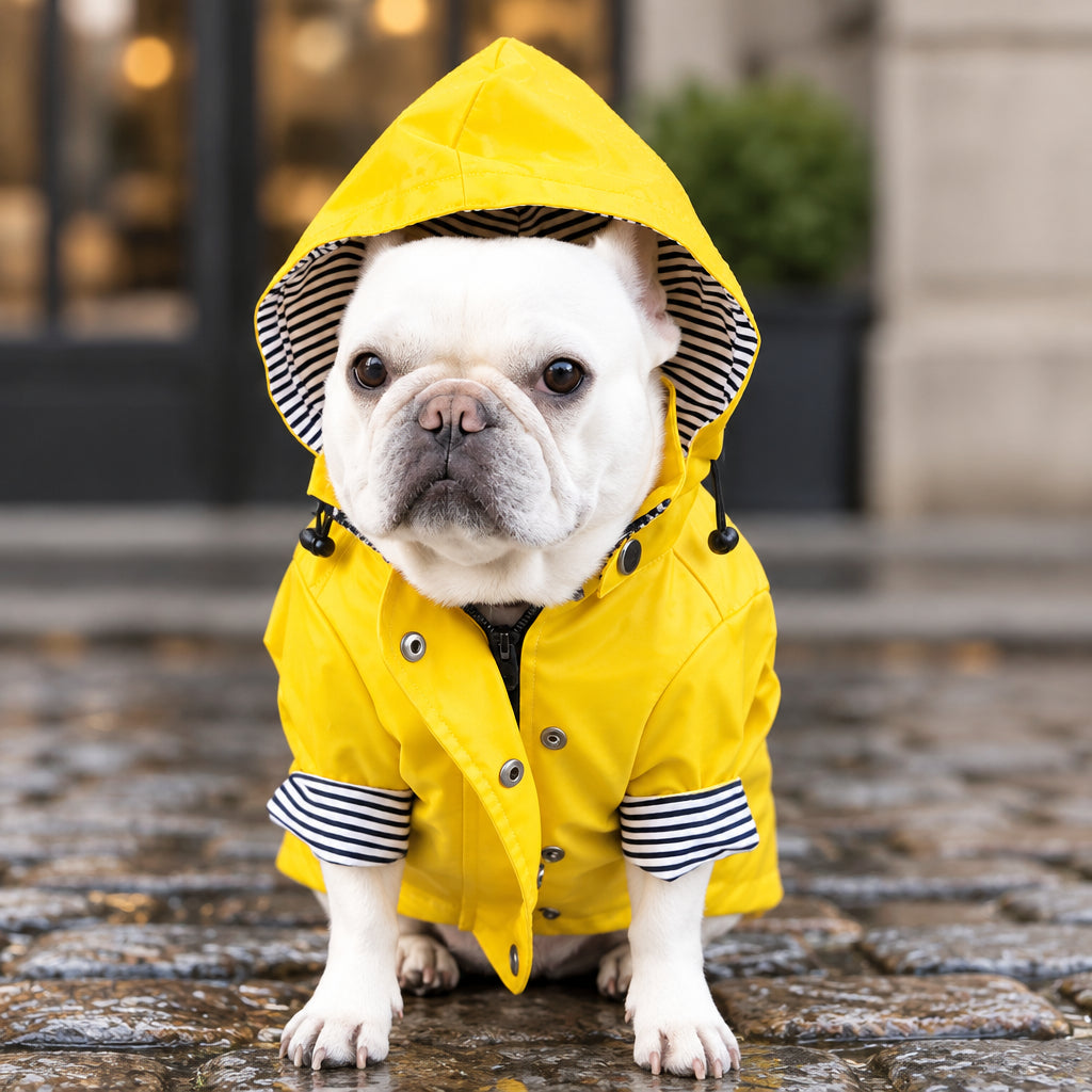 Chien blanc assis portant une veste jaune à capuche, avec doublure et revers de manches rayés.