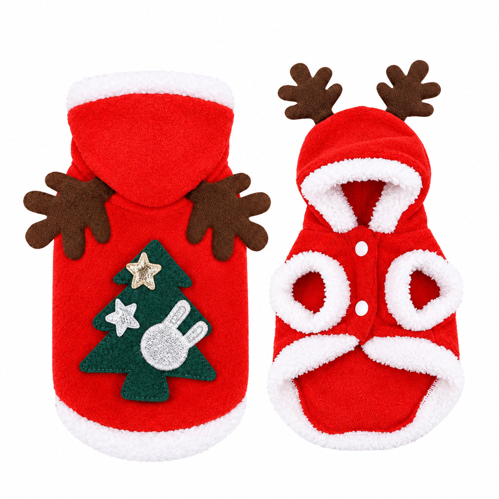 Costume rouge à motif sapin et capuche renne, présenté de dos et de face sur fond blanc. 