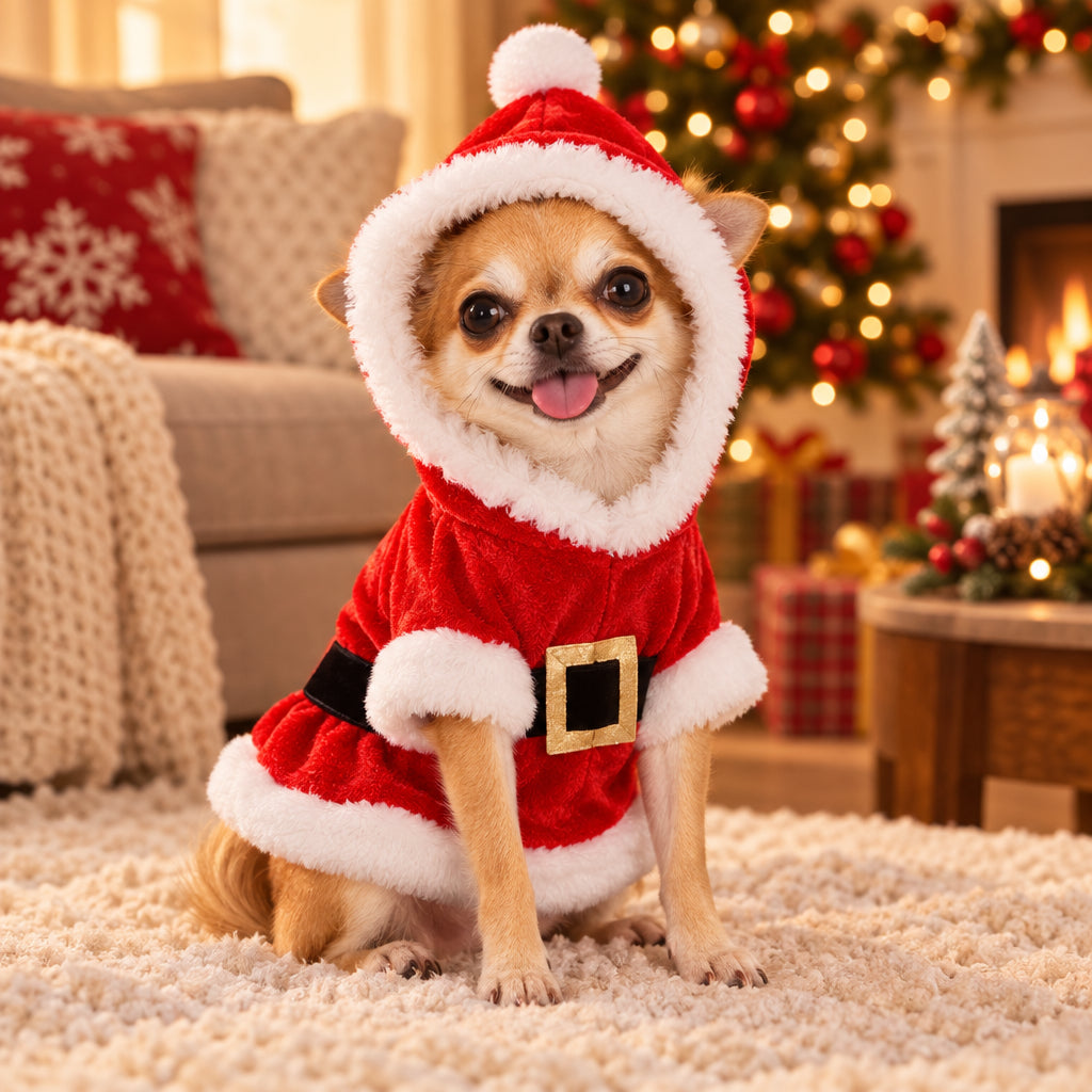 Petit chien portant un costume de Père Noël rouge avec capuche à pompon blanc et ceinture noire à boucle dorée.