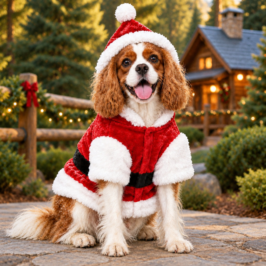 Chien portant un costume de Père Noël rouge à capuche et bordures blanches, assis devant un chalet décoré. 