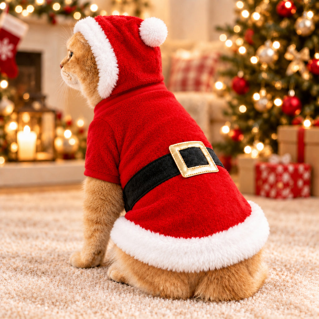 Chat vu de trois quarts dos portant un costume de Père Noël rouge à capuche, avec bordures blanches et ceinture décorative. 