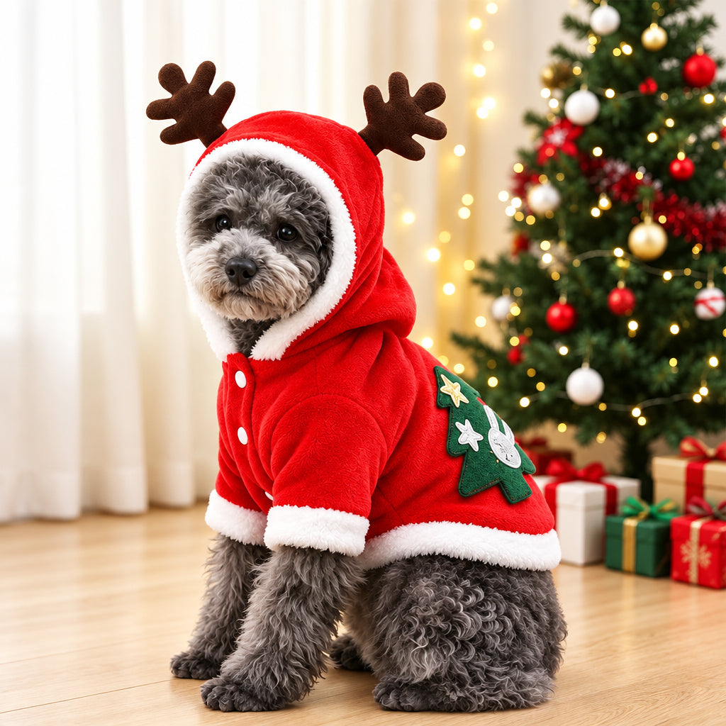 Petit chien portant un costume de Noël rouge à capuche avec bois de renne et motif sapin. 
