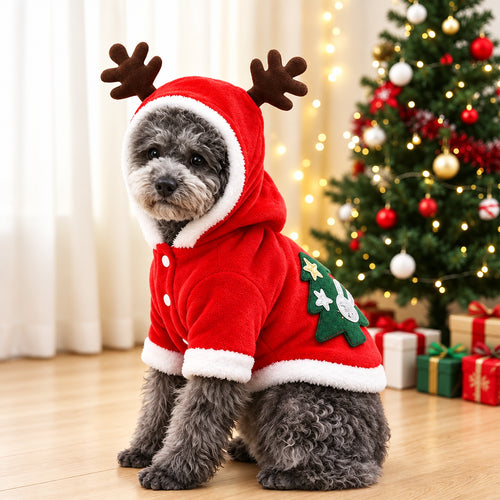Petit chien portant un costume de Noël rouge à capuche avec bois de renne et motif sapin. 

