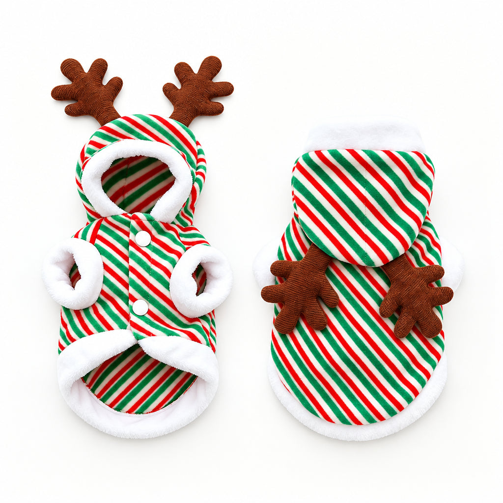 Costume rayé vert, blanc et rouge à capuche renne, présenté de face et de dos sur fond blanc.