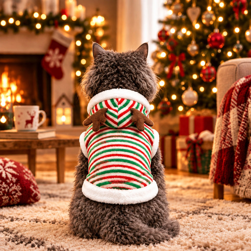 Chat vu de dos portant un costume de Noël rayé vert, blanc et rouge, avec capuche rabattue et bois de renne.