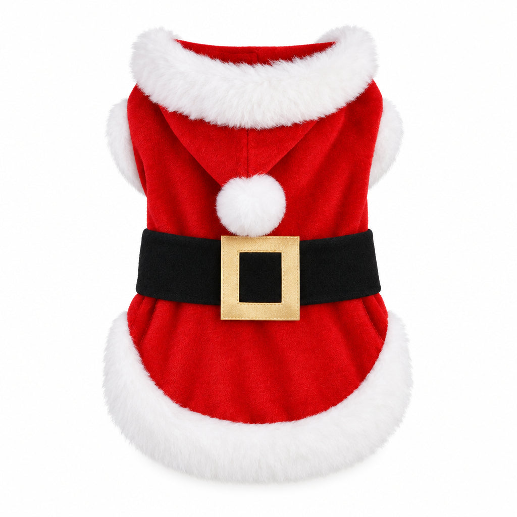 Costume de Père Noël rouge vu de dos sur fond blanc, avec capuche rabattue, pompon blanc et ceinture noire à boucle dorée.