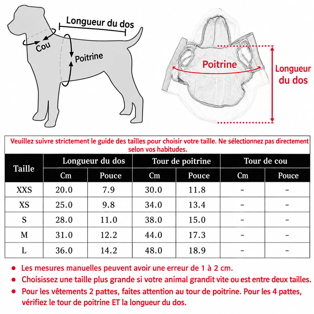 Guide des tailles XXS à L du costume de Père Noël : longueur du dos de 20 à 36 cm et tour de poitrine de 30 à 48 cm. 