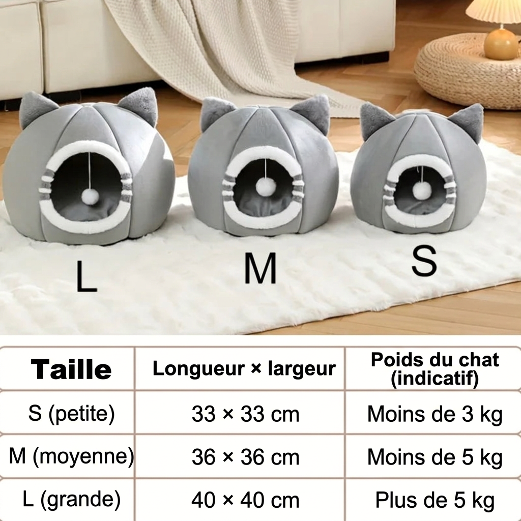 Guide des tailles de la niche pour chat en français, dimensions en centimètres