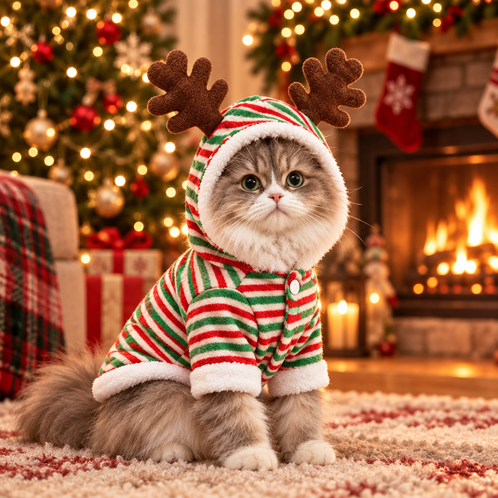 Chat portant un costume de Noël rayé vert, blanc et rouge avec capuche à bois de renne.